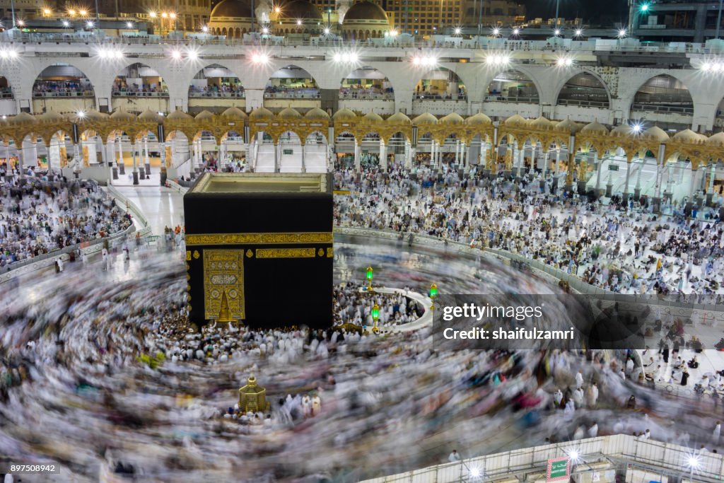 Muslim pilgrims circumambulate or "tawaf" the Kaabah