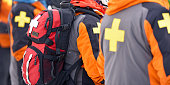 First aid ski patrol with backpacks