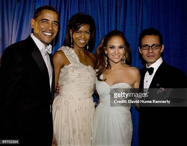 President Barack Obama, First Lady Michelle Obama, Jennifer Lopez and Marc Anthony pose backstage during the Western Inaugural Ball, one of ten...