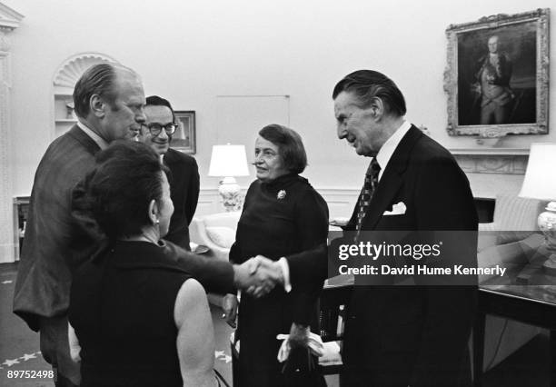 President Gerald R. Ford, Alan Greenspan's mother Rose Goldsmith , Alan Greenspan, writer Ayn Rand, and Rand's husband Charles Francis "Frank"...