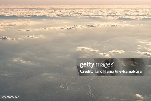 Sunbeam on Katsura, Uji and Yodo River in Kyoto in Kyoto prefecture in Japan sunset time aerial view from airplane Sunbeam on Katsura, Uji and Yodo River in Kyoto in Kyoto prefecture in Japan sunset time aerial view from airplane