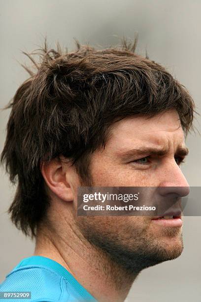 Leigh Brown talks to the media about his 200th AFL game during a Collingwood Magpies AFL training session at Gosch's Paddock on August 12, 2009 in...