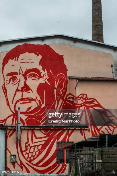 Mural depicting the portrait of a Law and Justice leader Jaroslaw Kaczynski dressing bloody red Roman toga looking as Julius Caesar is seen on...