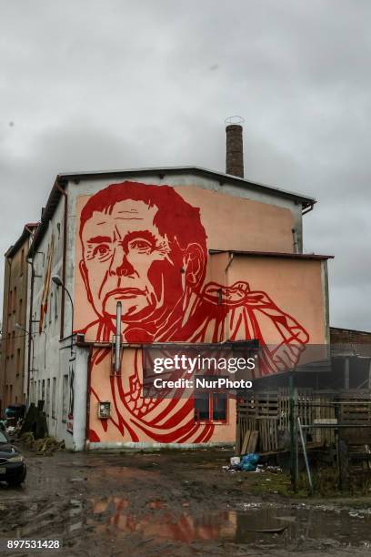 Mural depicting the portrait of a Law and Justice leader Jaroslaw Kaczynski dressing bloody red Roman toga looking as Julius Caesar is seen on...