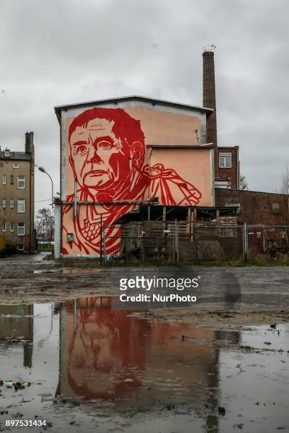 Mural depicting the portrait of a Law and Justice leader Jaroslaw Kaczynski dressing bloody red Roman toga looking as Julius Caesar is seen on...