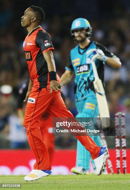 Dwayne Bravo of the Renegades celebrates a wicket during the Big Bash League match between the Melbourne Renegades and the Brisbane Heat at Etihad...