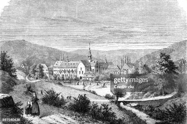 monastery of eberbach - rudesheim stock illustrations