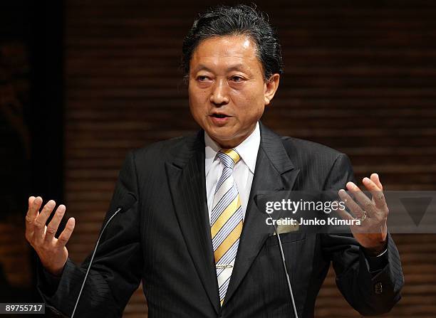 Yukio Hatoyama, president of the main opposition party, Democratic Party of Japan attends a one-on-one debate with Taro Aso, Prime Minister and...