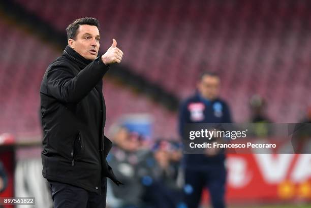 Coach of Udinese Calcio Massimo Oddo gestures during the TIM Cup match between SSC Napoli and Udinese Calcio at Stadio San Paolo on December 19, 2017...