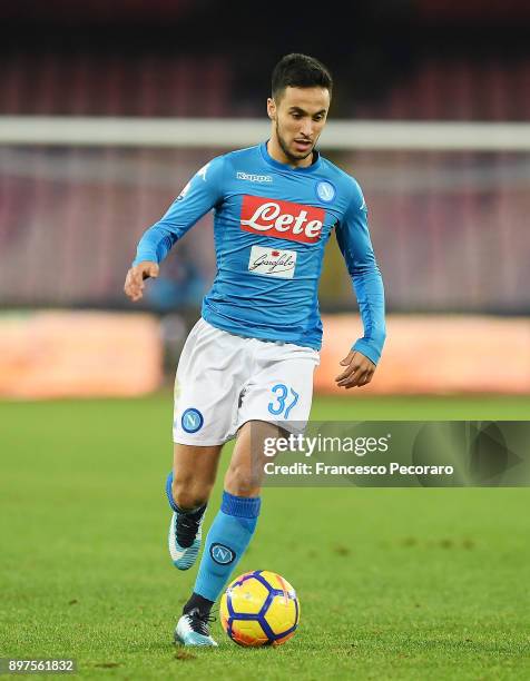 Adam Ounas of SSC Napoli in action during the TIM Cup match between SSC Napoli and Udinese Calcio at Stadio San Paolo on December 19, 2017 in Naples,...