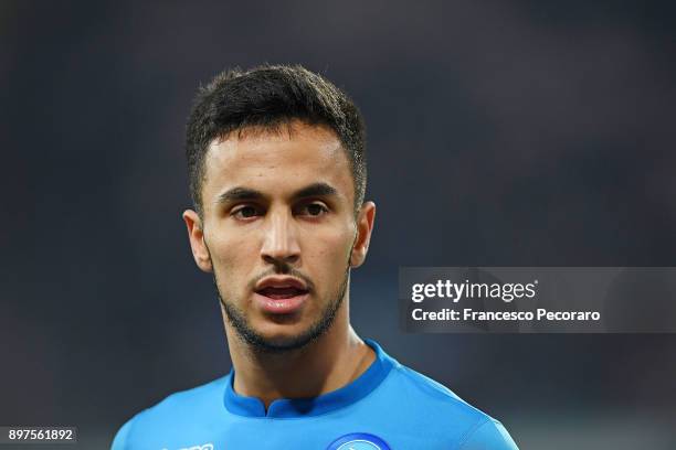 Adam Ounas of SSC Napoli in action during the TIM Cup match between SSC Napoli and Udinese Calcio at Stadio San Paolo on December 19, 2017 in Naples,...