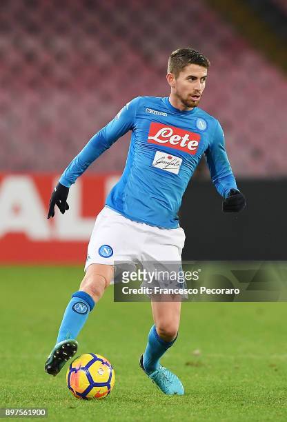 Jorginho of SSC Napoli in action during the TIM Cup match between SSC Napoli and Udinese Calcio at Stadio San Paolo on December 19, 2017 in Naples,...