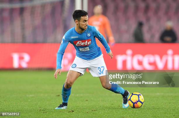 Adam Ounas of SSC Napoli in action during the TIM Cup match between SSC Napoli and Udinese Calcio at Stadio San Paolo on December 19, 2017 in Naples,...