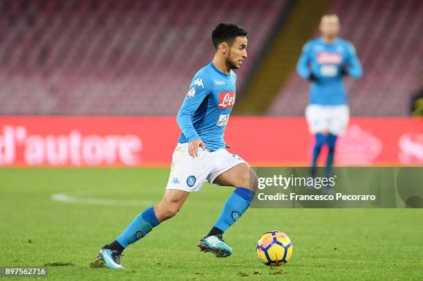 Adam Ounas of SSC Napoli in action during the TIM Cup match between SSC Napoli and Udinese Calcio at Stadio San Paolo on December 19, 2017 in Naples,...