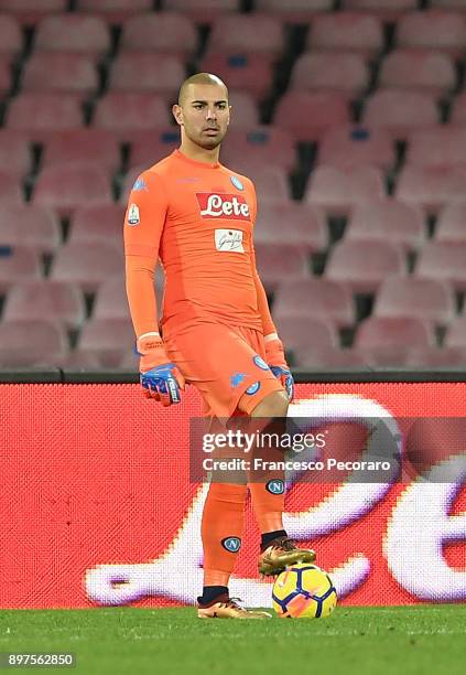 Luigi Sepe of SSC Napoli in action during the TIM Cup match between SSC Napoli and Udinese Calcio at Stadio San Paolo on December 19, 2017 in Naples,...