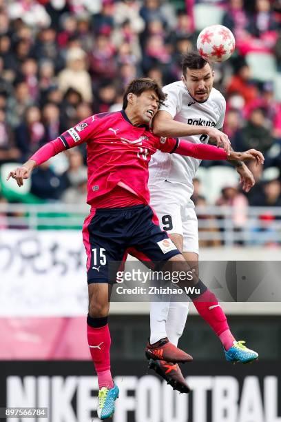 Mike Havenaar of Vissel Kobe and Yasuki Kimoto of Cerezo Osaka in action during the 97th Emperor's Cup Semifinal between Vissel Kobe and Cerezo Osaka...