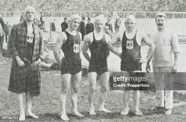 Members of the gold medal-winning British men's 4 x 200 metre freestyle relay swimming team at White City Stadium, London, 24th July 1908. Left to...