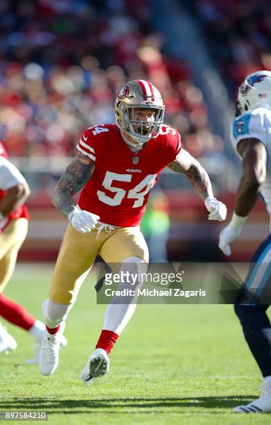 Cassius Marsh of the San Francisco 49ers defends during the game against the Tennessee Titans at Levi's Stadium on December 17, 2017 in Santa Clara,...