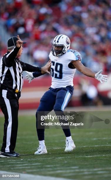 Wesley Woodyard of the Tennessee Titans pretest a call during the game against the San Francisco 49ers at Levi's Stadium on December 17, 2017 in...