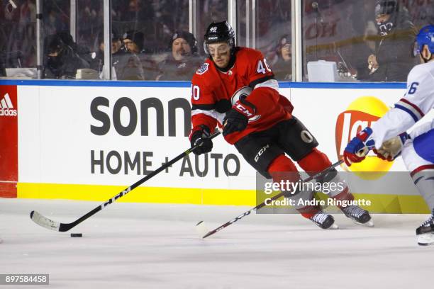 Gabriel Dumont of the Ottawa Senators skates against against the Montreal Canadiens in the 2017 Scotiabank NHL100 Classic at Lansdowne Park on...