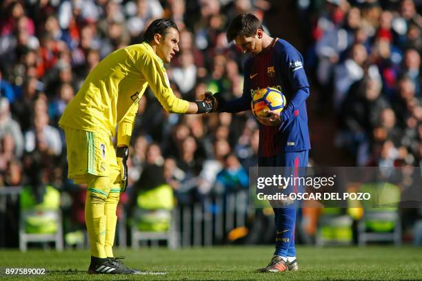 Real Madrid's Costa Rican goalkeeper Keylor Navas and Barcelona's Argentinian forward Lionel Messi prepare for a penalty kick during the Spanish...