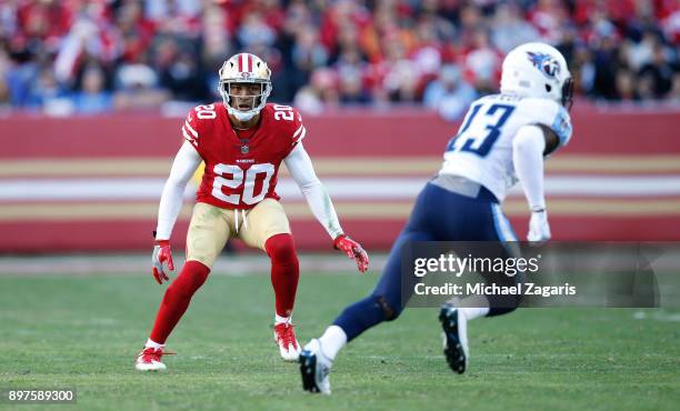 Leon Hall of the San Francisco 49ers defends during the game against the Tennessee Titans at Levi's Stadium on December 17, 2017 in Santa Clara,...