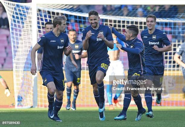 Ivan Strinic, Gaston Ramirez, Lucas Torreira and Dennis Praet of UC Sampdoria celebrate the 0-1 goal scored by Gaston Ramirez during the Serie A...