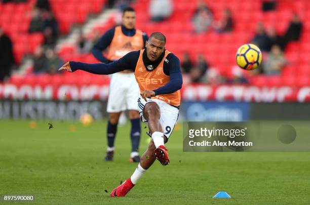 Jose Salomon Rondon of West Bromwich Albion shoots as he warms up prior to the Premier League match between Stoke City and West Bromwich Albion at...