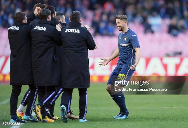 Gaston Ramirez and players of UC Sampdoria celebrates after scoring the 0-1 goal scored by Gaston Ramirez during the Serie A match between SSC Napoli...