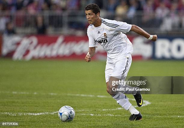 Forward Cristiano Ronaldo of Real Madrid controls the play against the Toronto FC during the friendly match at BMO Field on August 7, 2009 in...