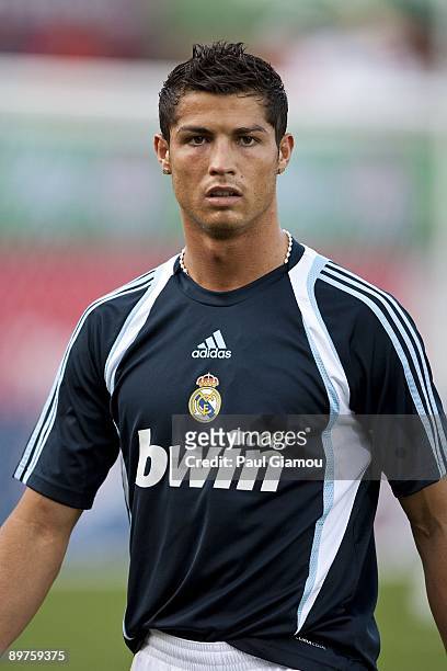 Forward Cristiano Ronaldo of Real Madrid warms up on the pitch before the friendly match against the Toronto FC at BMO Field on August 7, 2009 in...