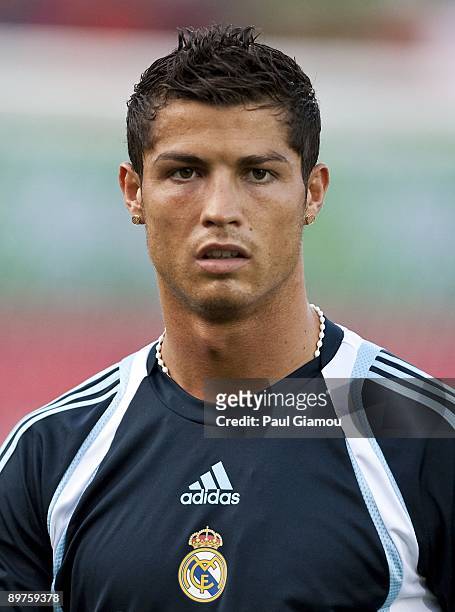 Forward Cristiano Ronaldo of Real Madrid warms up on the pitch before the friendly match against the Toronto FC at BMO Field on August 7, 2009 in...