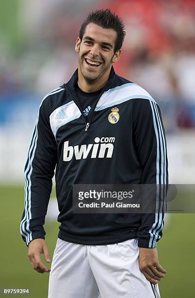 Forward Alvaro Negredo of Real Madrid warms up on the pitch before the friendly match against the Toronto FC at BMO Field on August 7, 2009 in...