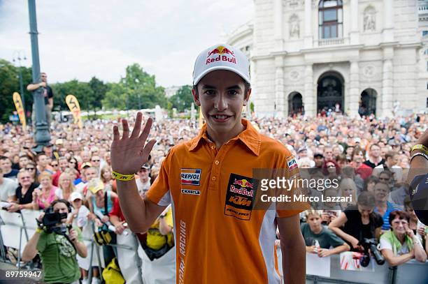 Marc Marquez of Spain and Red Bull KTM Motosport waves to the crowd during the MotoGP pre-event in Wiener Ringstrasse in Wien on August 12, 2009 in...
