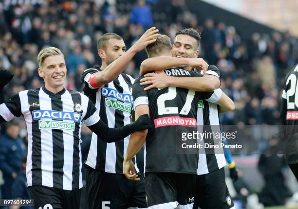 Silvan Widmer of Udinese Calcio celebrates after scoring his team's second goal during the Serie A match between Udinese Calcio and Hellas Verona FC...