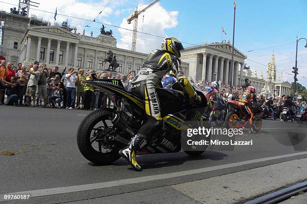 James Toseland of Britain and Monster Yamaha Tech 3 takes part in the MotoGP pre-event in Wiener Ringstrasse in Wien on August 12, 2009 in Vienna,...