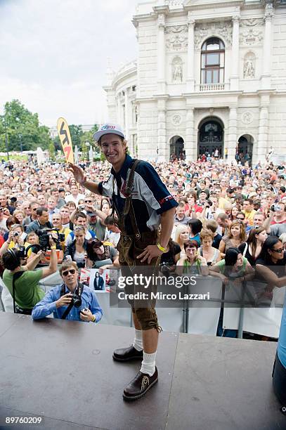 Michael Ranseder of Austria and CBC corse waves to the crowd during the MotoGP pre-event in Wiener Ringstrasse in Wien on August 12, 2009 in Vienna,...