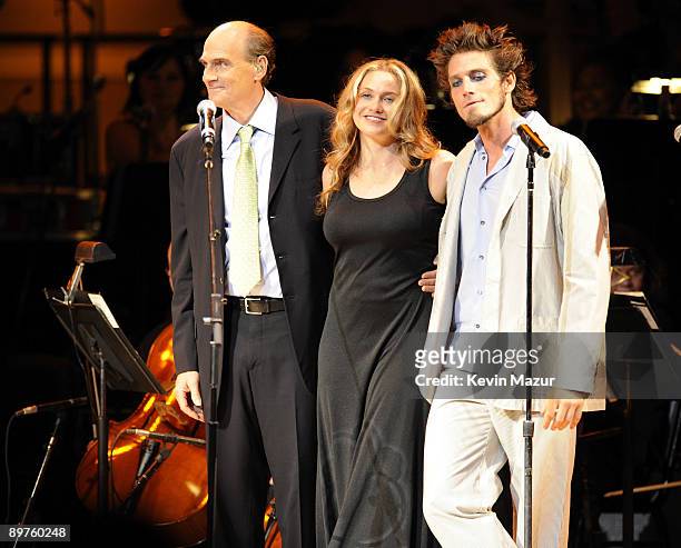 James Taylor, Sally Taylor and Ben Taylor perform onstage during the 2008 Rainforest Foundation Fund Benefit Concert at Carnegie Hall on May 8, 2008...