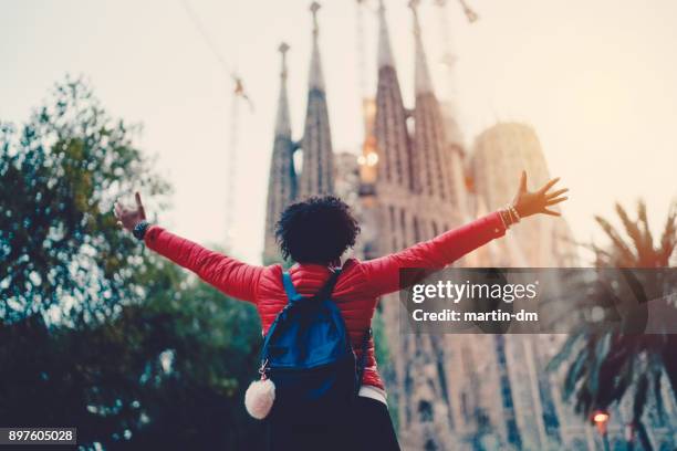 girl enjoying sagrada familia,barcelona - sagrada familia stock pictures, royalty-free photos & images