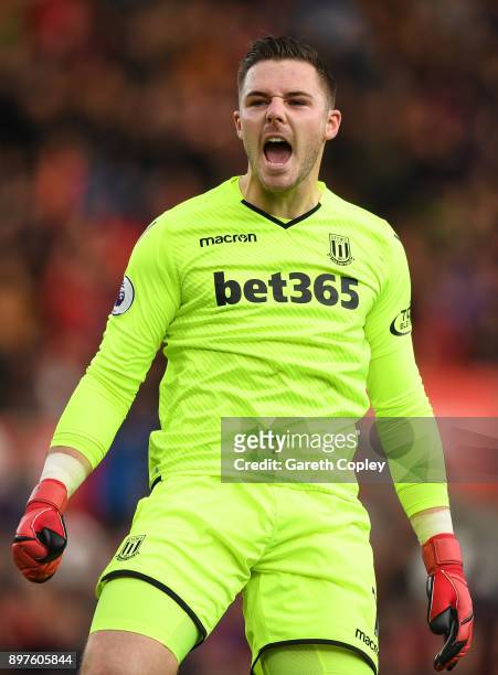 Jack Butland of Stoke City celebrates his sides first goal during the Premier League match between Stoke City and West Bromwich Albion at Bet365...