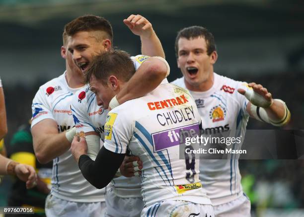 Will Chudley of Exeter Chiefs celebrates his try during the Aviva Premiership match between Northampton Saints and Exeter Chiefs at Franklin's...