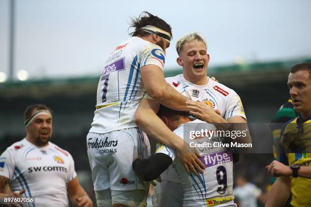 Will Chudley of Exeter Chiefs celebrates his try during the Aviva Premiership match between Northampton Saints and Exeter Chiefs at Franklin's...