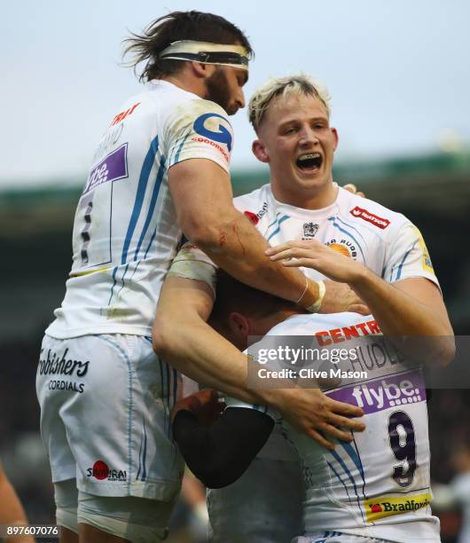 Will Chudley of Exeter Chiefs celebrates his try during the Aviva Premiership match between Northampton Saints and Exeter Chiefs at Franklin's...