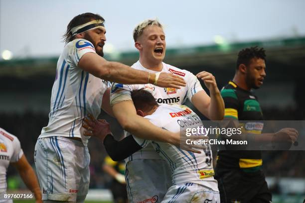 Will Chudley of Exeter Chiefs celebrates his try during the Aviva Premiership match between Northampton Saints and Exeter Chiefs at Franklin's...