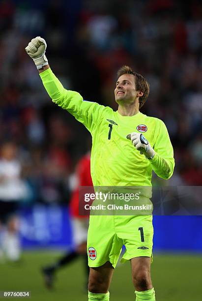 Jon Knudsen of Norway celebrates after his team score the fourth goal during the FIFA 2010 group nine World Cup Qualifying match between Scotland and...