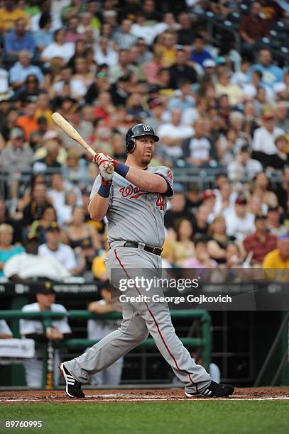 First baseman Adam Dunn of the Washington Nationals bats during a Major League Baseball game against the Pittsburgh Pirates at PNC Park on August 1,...