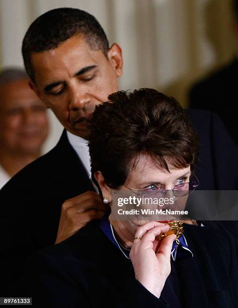 President Barack Obama presents the Medal of Freedom to Billie Jean Moffitt King during a ceremony at the White House August 12, 2009 in Washington,...