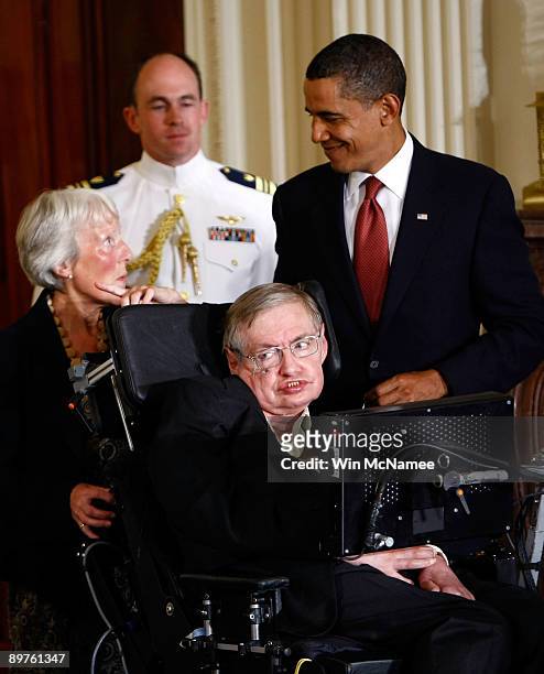President Barack Obama presents the Medal of Freedom to Steven Hawking during a ceremony at the White House August 12, 2009 in Washington, DC. The...