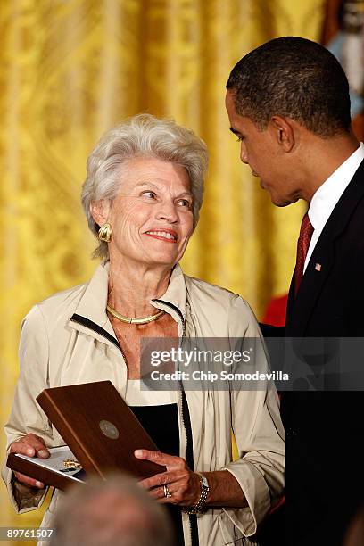 President Barack Obama presents the Medal of Freedom to Joanne Kemp on behalf of her husband, statesman and sports icon Jack French Kemp, during a...