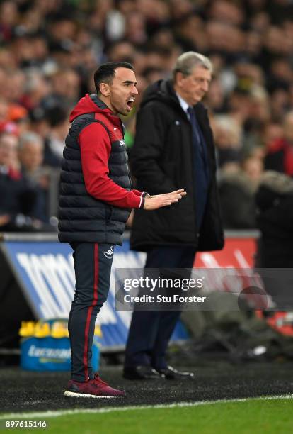 Leon Britton, Caretaker manager Player/Manager of Swansea City gives his team instructions during the Premier League match between Swansea City and...